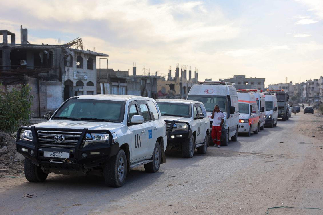 Ambulances of the Red Crescent led by a United Nations vehicle are pictured on the main Salah al-Din road in the northern Gaza Strip on November 17, 2024, amid the ongoing war between Israel and the militant group Hamas. (File/AFP)