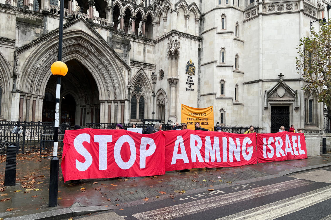 Protesters demonstrate outside the Royal Courts of Justice ahead of a legal challenge brought by the Palestinian NGO Al-Haq over Britain's exports of parts for F-35 fighter jets to Israel, amid its conflict with Hamas, in London, Britain. (Reuters)