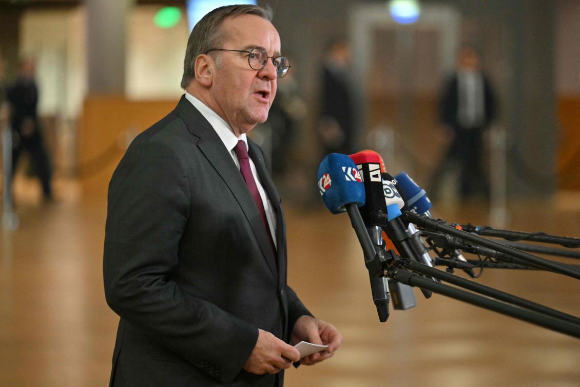 German Defence Minister Boris Pistorius speaks to the press as he arrives for a meeting of EU Defence Ministers in Brussels on November 19, 2024. (Photo by NICOLAS TUCAT / AFP)