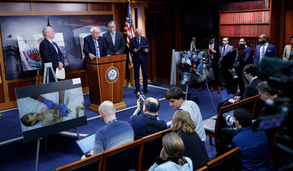 U.S. Sen. Bernie Sanders (I-VT), joined by fellow senators U.S. Sen. Chris Van Hollen (D-MD), U.S. Sen. Jeff Merkley (D-OR) and U.S. Sen. Peter Welch (D-VT), speaks at a news conference on restricting arms sales to Israel at the U.S. Capitol on November 19, 2024 in Washington, DC. (AFP)