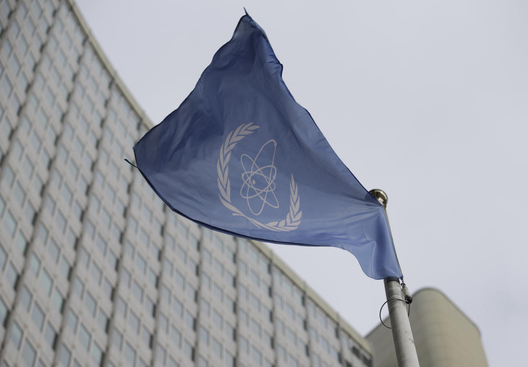 FILE — The flag of the International Atomic Energy Agency flies in front of its headquarters during an IAEA Board of Governors meeting in Vienna, Austria, on Feb. 6, 2023. (AP)