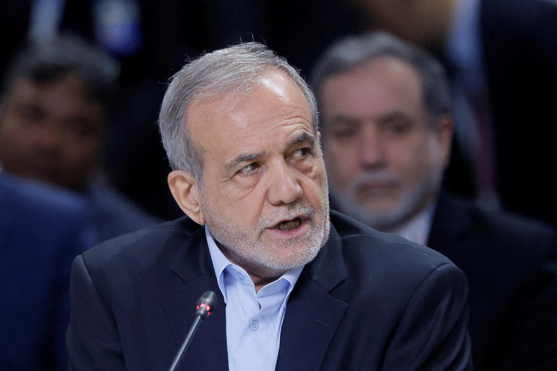 Iranian President Masoud Pezeshkian speaks during a plenary session in the outreach/BRICS Plus format at the BRICS summit in Kazan, Russia October 24, 2024. (Reuters)