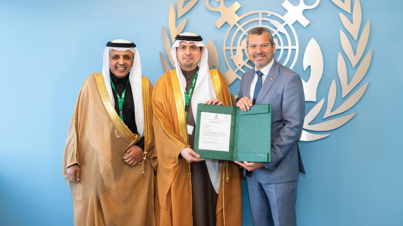 IMO Secretary-General Arsenio Dominguez welcoming Kamal bin Mohammed Al-Junaidi to represent Saudi Arabia alongside the Saudi deputy transport minister, Rumaih bin Mohammed Al-Rumaih on Nov. 20, 2024 (SPA)