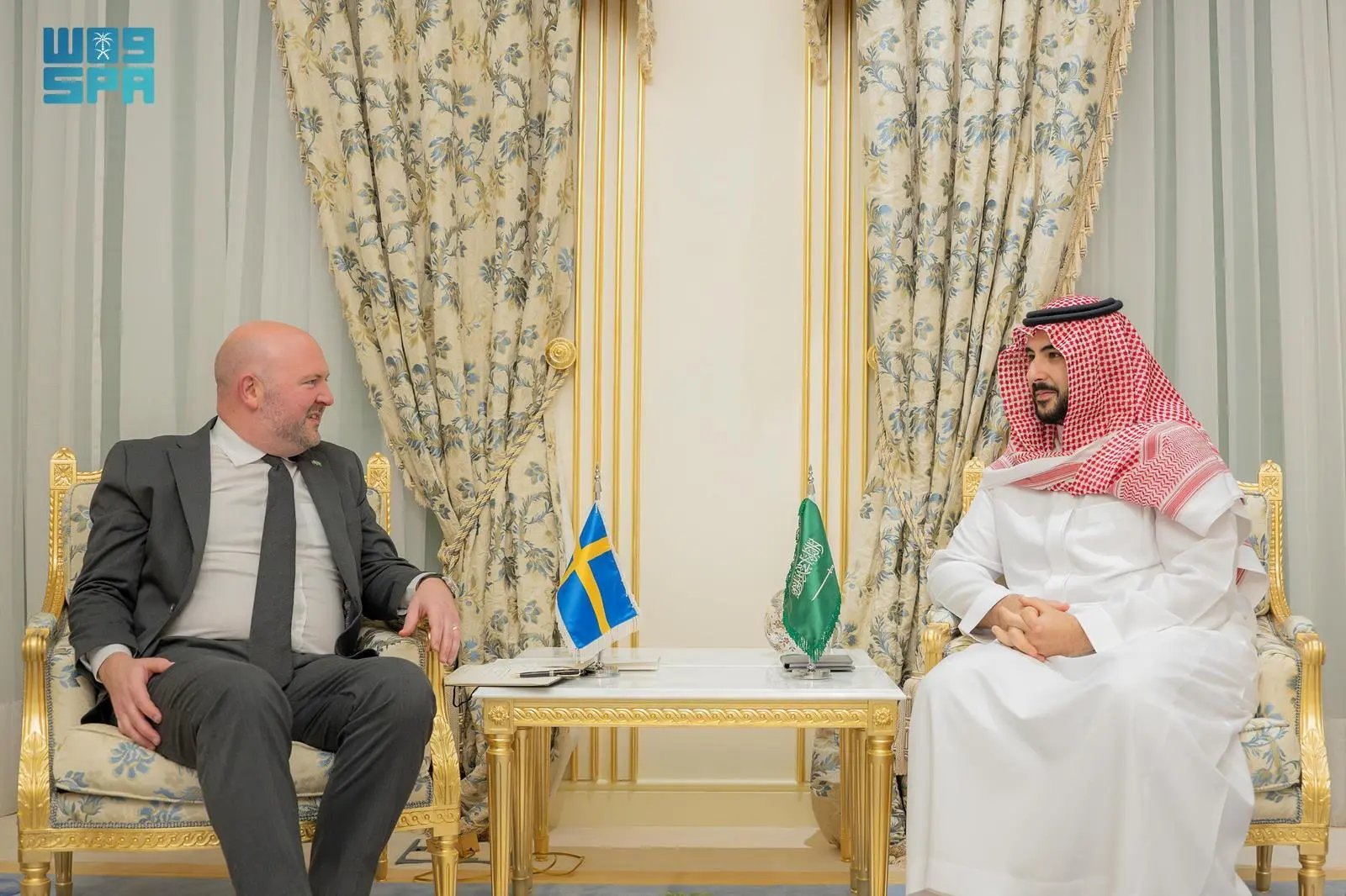 Saudi Arabia’s Minister of Defense Prince Khalid bin Salman met with Johan Stuart, Minister of State at the Office of the Prime Minister of Sweden in Riyadh on Thursday. (SPA)
