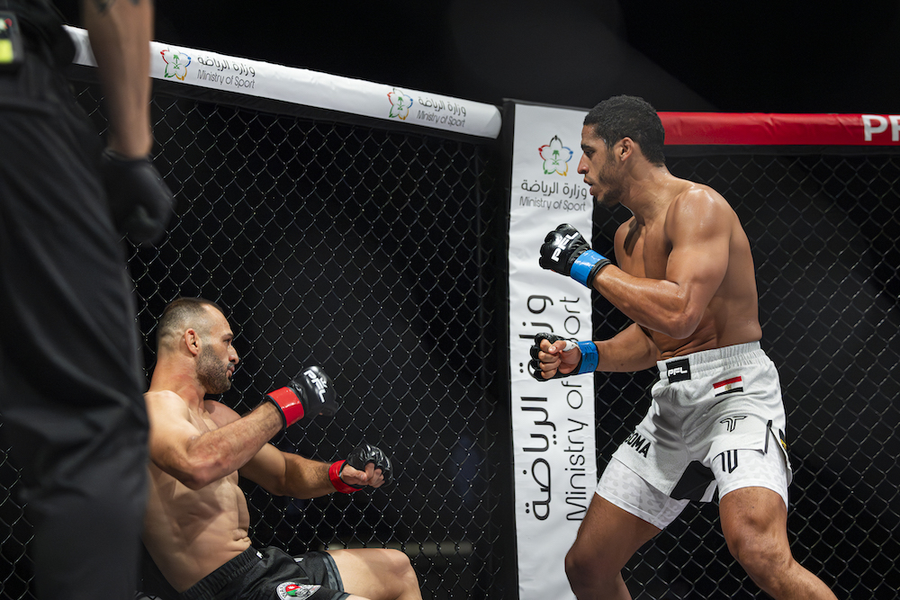 Egypt’s Omar El Dafrawy, right, will face Kuwait’s Mohammad Alaqraa in Riyadh on Nov. 29. (PFL)
