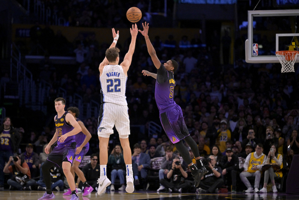 Orlando Magic’s Franz Wagner hits a winning 3-point basket against Los Angeles Lakers during their NBA game at Crypto.com Arena on Thursday. (USA Sport Today)