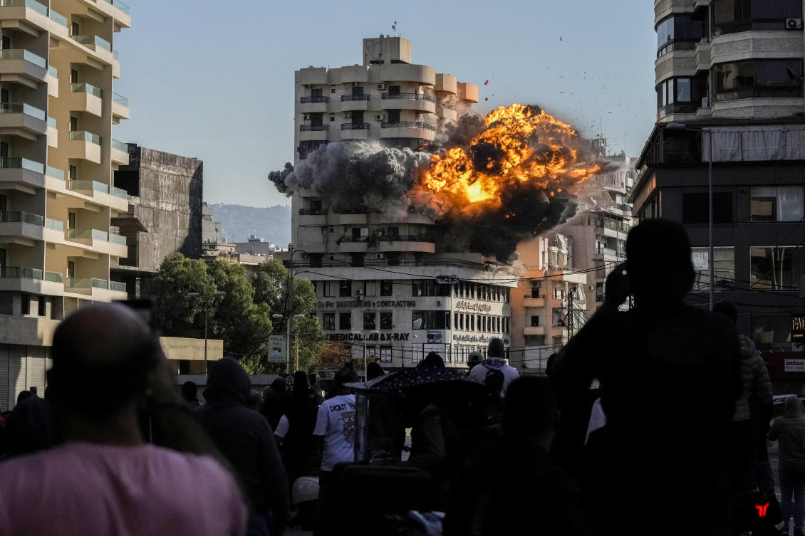 Smoke and flames erupt from a building hit by an Israeli airstrike in Chiyah, southern suburb of Beirut, on Nov. 22, 2024. (AP)