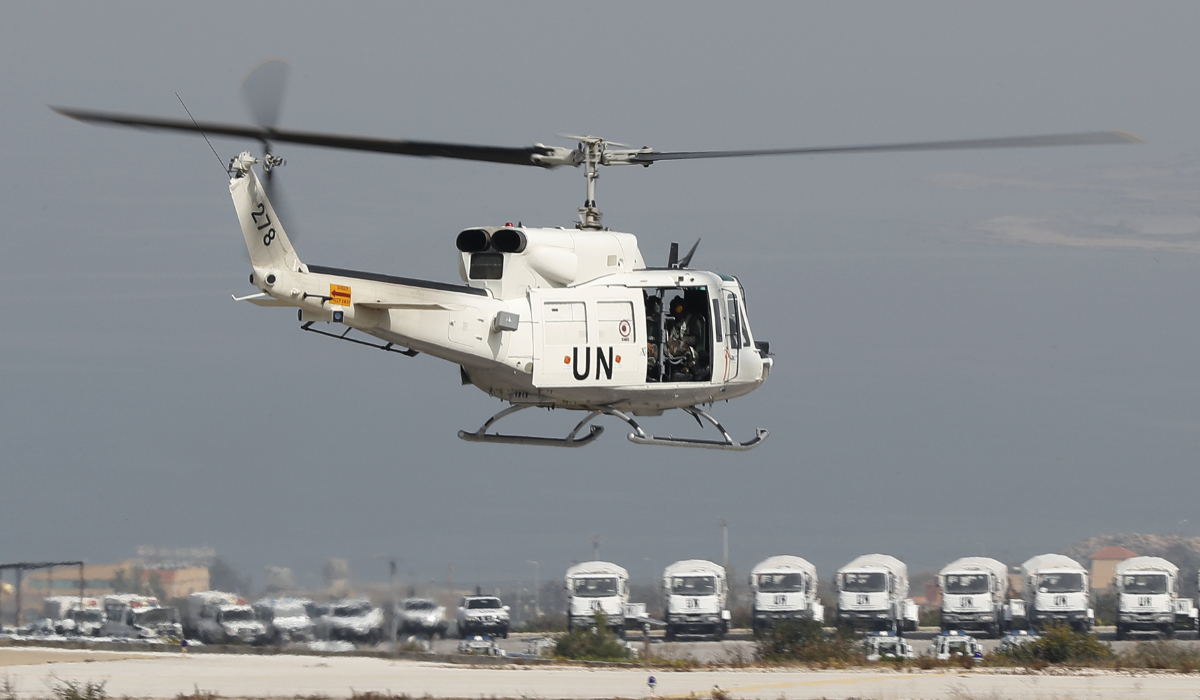 A United Nations helicopter carrying Italian peacekeepers takes off from the UNIFIL headquarters for a patrol over the Blue Line, a U.N.-drawn boundary between Lebanon and Israel, in the costal town of Naqoura, southern Lebanon, Wednesday, Feb. 7, 2018. (AP)