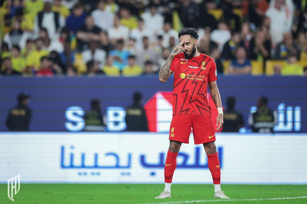 Former Arsenal, Chelsea and Barcelona forward Aubameyang scored the all important goal as the newly-promoted team moved level on 22 points with the Riyadh giants. (X/@Alqadsiah)