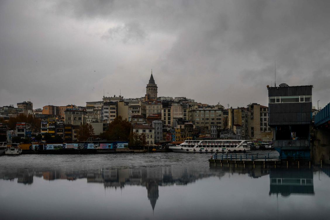 This photograph shows the Galata tower in Eminonu district of Istanbul during a heavy rain on November 21, 2024. (AFP)
