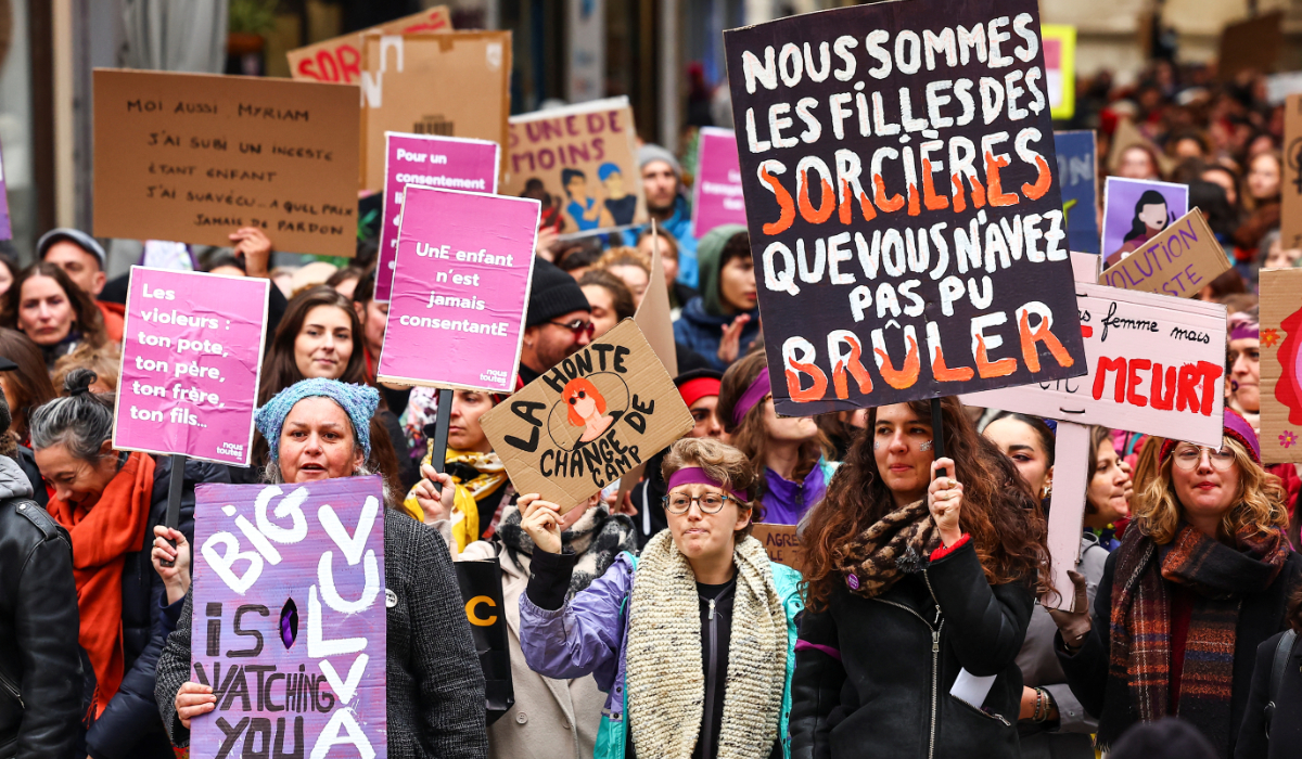 People attend a demonstration to protest against femicide, sexual violence and all gender-based violence and in support of Gisele Pelicot, the victim of an alleged mass rape orchestrated by her husband Dominique Pelicot at their home, while the trial of Dominique Pelicot and 50 co-accused continues, in front of the courthouse in Avignon, France, November 23, 2024. (REUTERS)