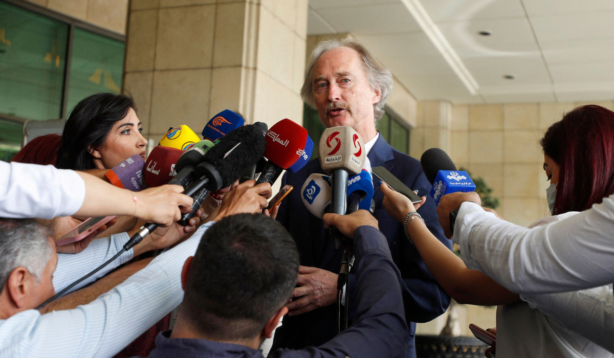 United Nations Special Envoy for Syria Geir Pedersen talks to reporters in the Syrian capital Damascus, on May 22, 2022. (AFP)