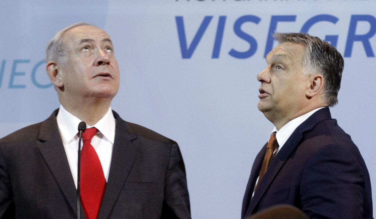 In this file photo taken on July 19, 2017 Israeli Prime Minister Benjamin Netanyahu (L) and Hungarian Prime Minister Viktor Orban (R) look around in the main hall of Pesti Vigado Cultural Center prior to a joint press conference with V4 - Visegrad countries Prime Ministers in Budapest, Hungary. (AFP)