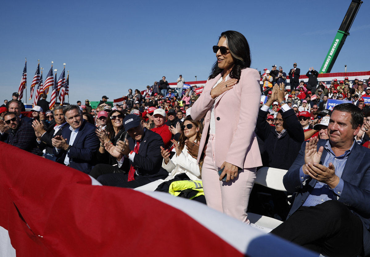 Former Rep. Tulsi Gabbard is introduced during a campaign rally of Republican presidential candidate Donald Trump during a rally on Nov. 3, 2024 in Lititz, Pennsylvania. (Getty Images via AFP)