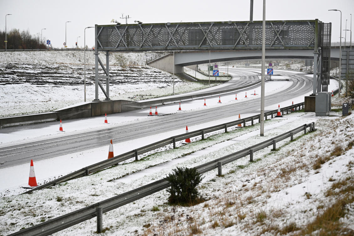 A view of the M90 motorway clear of traffic, as the Queensferry Crossing is closed due to the risk of falling ice, as a result of Storm Bert, near Edinburgh, Scotland, Britain, November 23, 2024. (REUTERS)