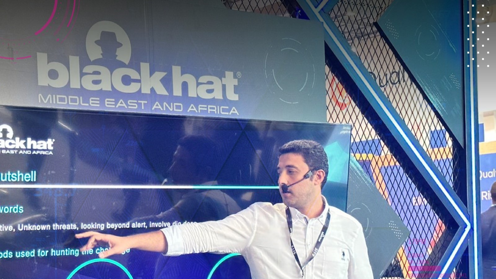 A speaker gestures during a cybersecurity workshop at Black Hat 2023 global conference in Riyadh (File\@Blackhatmea)
