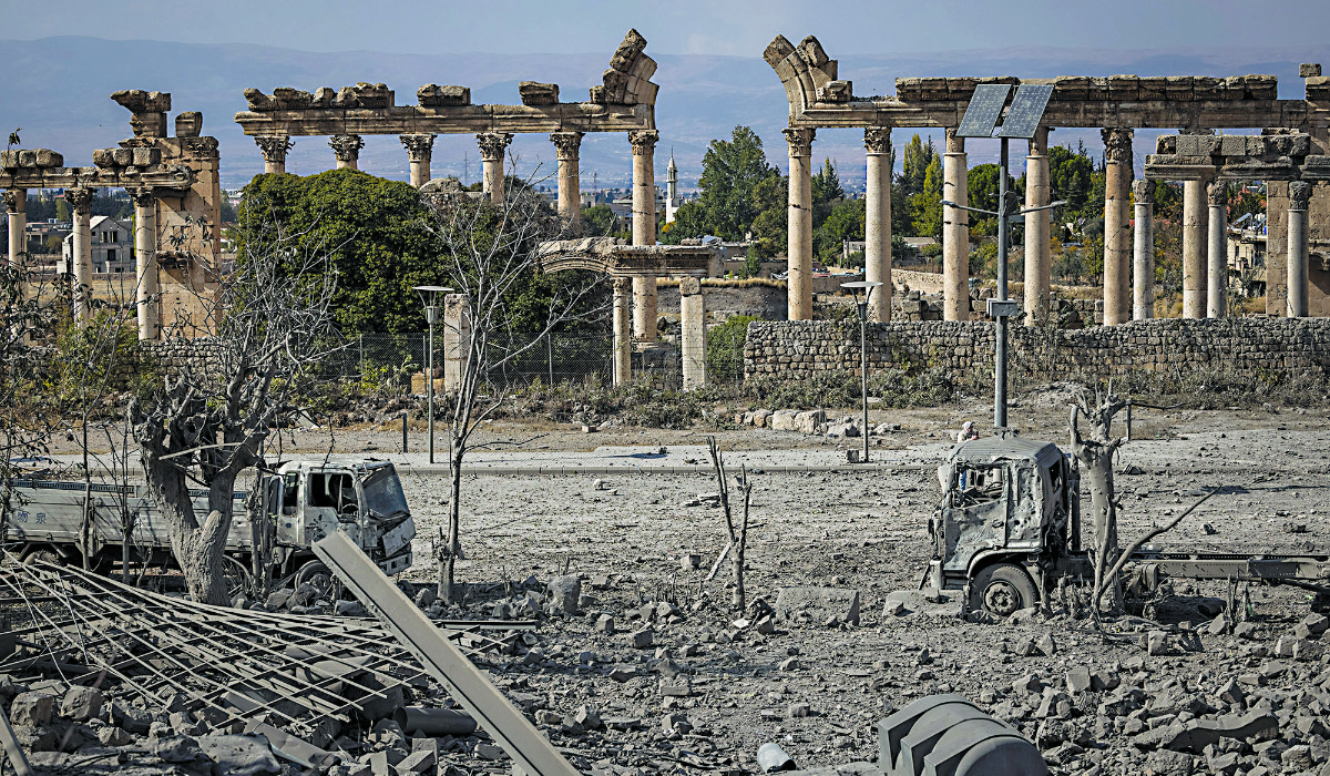 Destruction is seen in front of the UNESCO World Heritage site in Baalbek. Israeli military has repeatedly targeted the Lebanese city and the surrounding Bekaa Valley. (Getty Images)