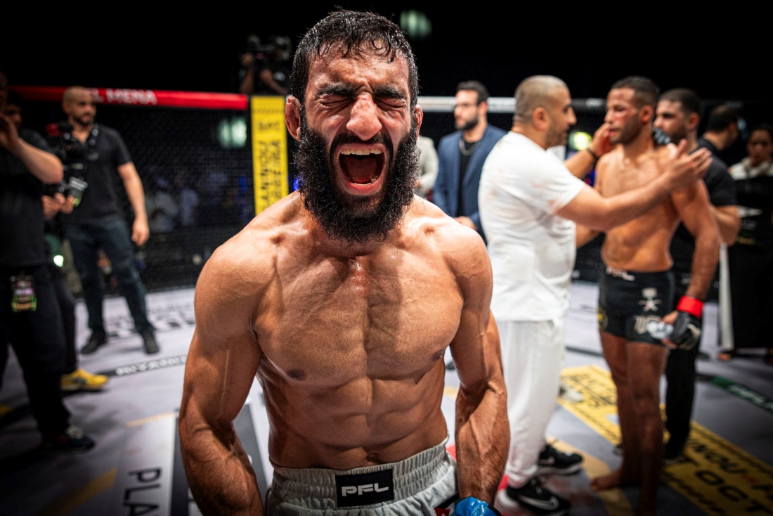 Abdelrahman Alhyasat celebrates beating Abdullah Al-Qahtani in the semifinals of the PFL MENA Championships. The two meet again on Nov. 29 after Islam Reda’s withdrawal from the final because of injury. (PFL)