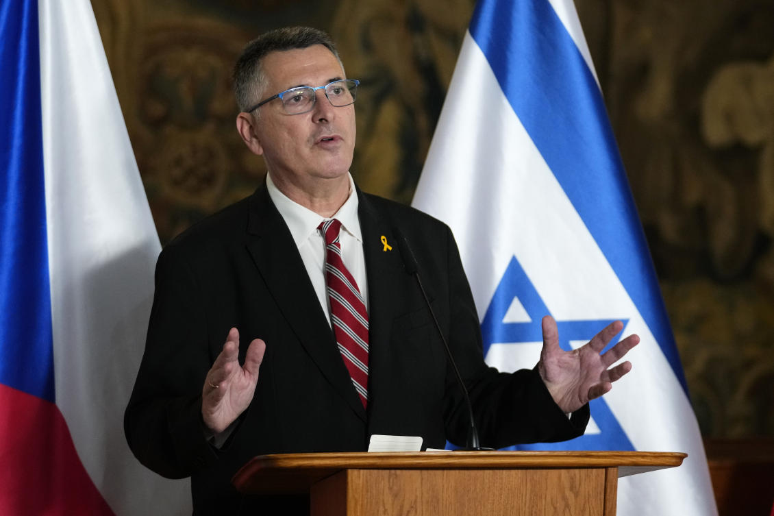 Israel's Foreign Minister Gideon Saar addresses the media during a press conference in Prague, Czech Republic, Thursday, Nov. 28, 2024. (AP)