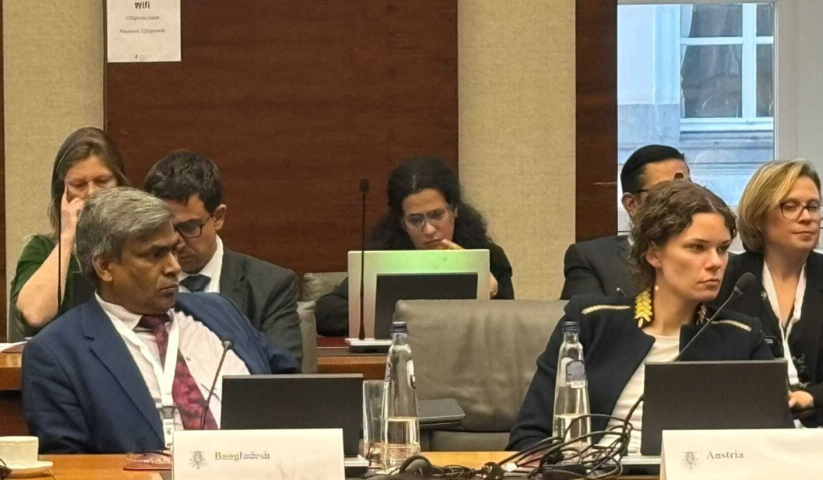 Md. Shafiqur Rahman, director general of the Bangladeshi foreign ministry’s West Asia wing, left, leads a delegation to a Global Alliance for the Implementation of the Two-State Solution in Brussels on Nov. 28, 2024. (Bangladesh MoFA)