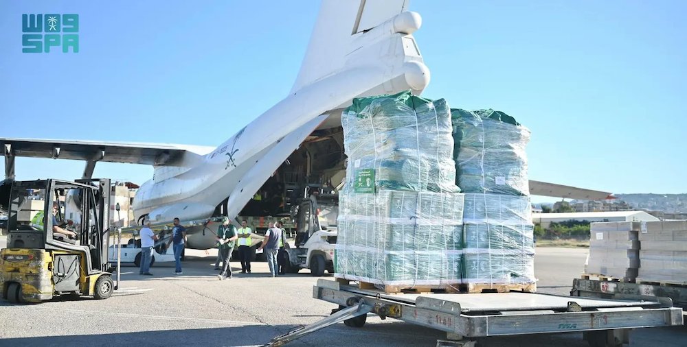 The aircraft, operated by King Salman Humanitarian Aid and Relief Center, was loaded with various relief aid, including food, medical and shelter supplies. (SPA)