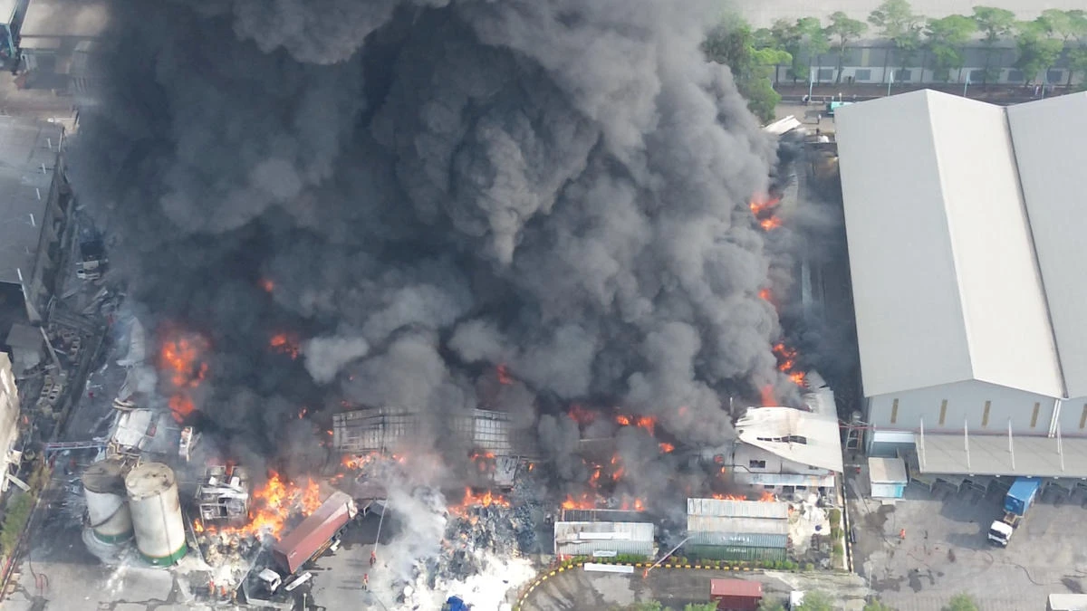 Smoke and flames rise at a cooking oil factory, in Bekasi, West Java province, Indonesia on Nov. 1, 2024 in this screen grab obtained from a social media video. (Ilham Apriyanto via Reuters)