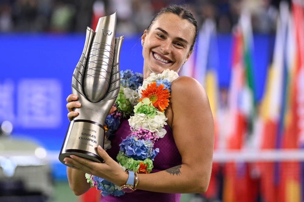 Aryna Sabalenka won the women’s singles final against Zheng Qinwen at the Wuhan Open tennis tournament in Wuhan on Oct. 13, 2024. (AFP)