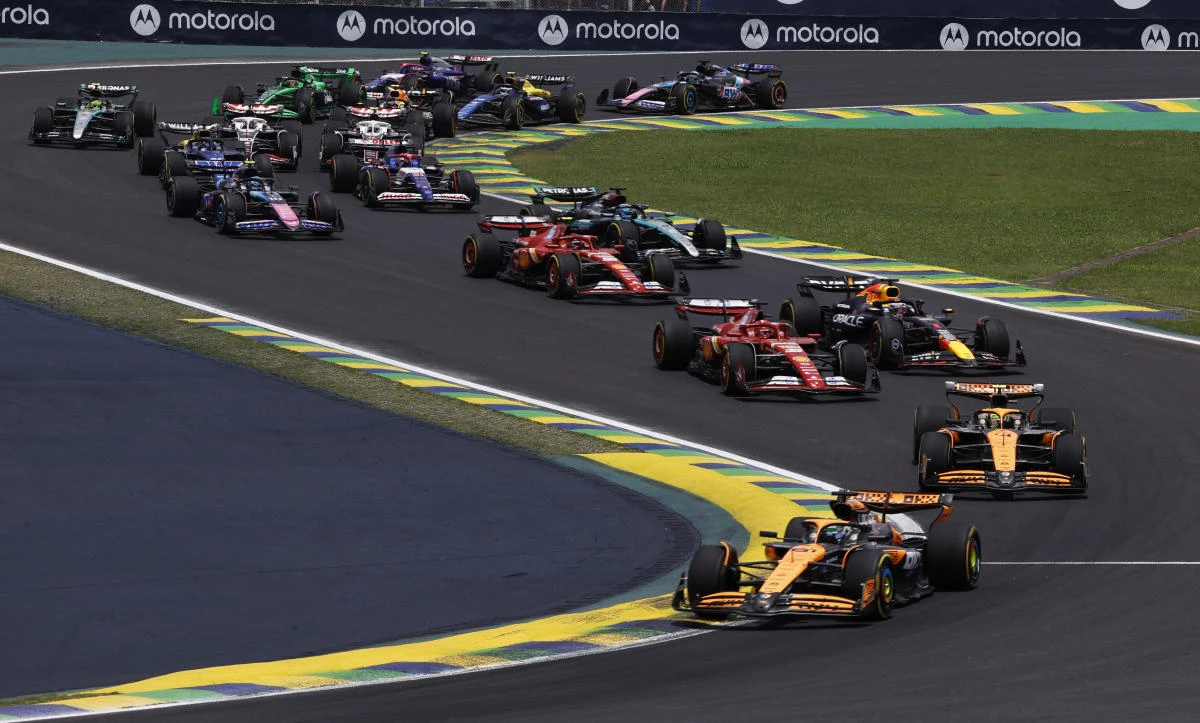 McLaren’s Oscar Piastri, McLaren’s Lando Norris, Ferrari’s Charles Leclerc, Red Bull’s Max Verstappen and riders in action at the start of the sprint race. (Reuters)