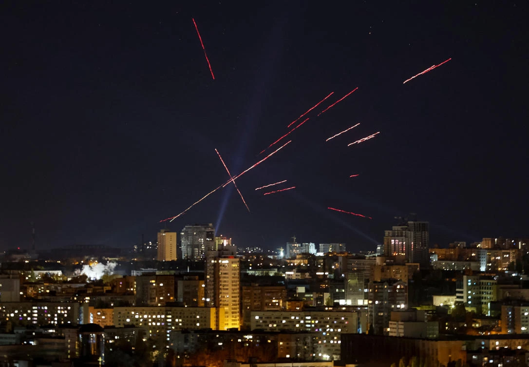 Tracers and searchlights are seen in the night sky as Ukrainian servicemen search and fire at a drone during a Russian drone strike, amid Russia’s attack on Ukraine, in Kyiv, Ukraine November 3, 2024. (REUTERS)
