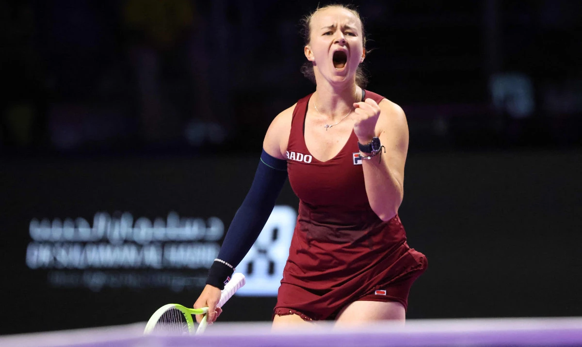 Czech Republic's Barbora Krejcikova reacts after winning against US' Jessica Pegula during their women's singles tennis match at the WTA Finals Championship in Riyadh on November 5, 2024. (AFP)