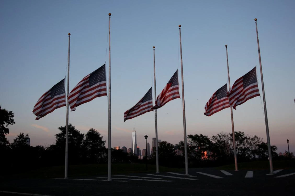 US national flags are flown at half-staff on the 23rd anniversary of the 9/11 attacks on the World Trade Center on September 11, 2024, in Jersey City, New Jersey. (File/AFP)