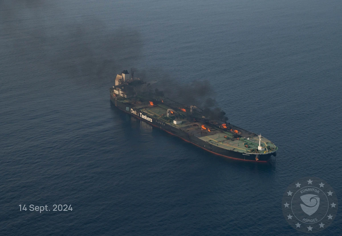 he Sounion caught fire and lost power after being attacked on August 21 off the coast of Hodeidah. (Aspides)