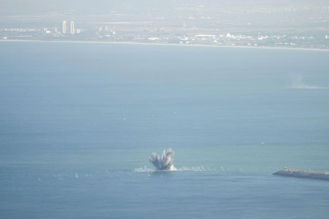 Rockets t launched from Lebanon explode in the Mediterranean Sea as seen from Haifa, northern Israel on Nov. 8, 2024. (AP)