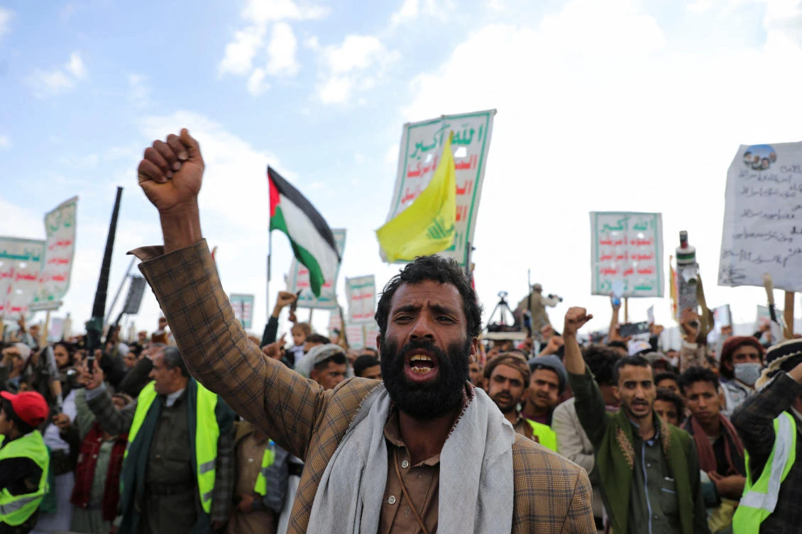 Protesters, mainly Houthi supporters, shout slogans during a rally to show support to Palestinians and Lebanon’s Hezbollah in Sanaa on Nov. 8, 2024. (Reuters)