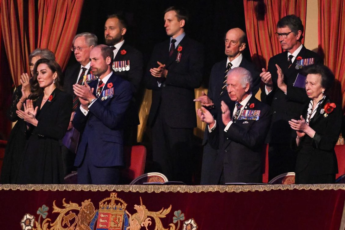 Front row (L-R) Britain's Catherine, Princess of Wales, Britain's Prince William, Prince of Wales, Britain's King Charles III and Britain's Princess Anne, Princess Royal attend "The Royal British Legion Festival of Remembrance" ceremony at Royal Albert Hall, in London, on November 9, 2024 as part of the Remembrance Day commemorating the end of World War I. (AFP)