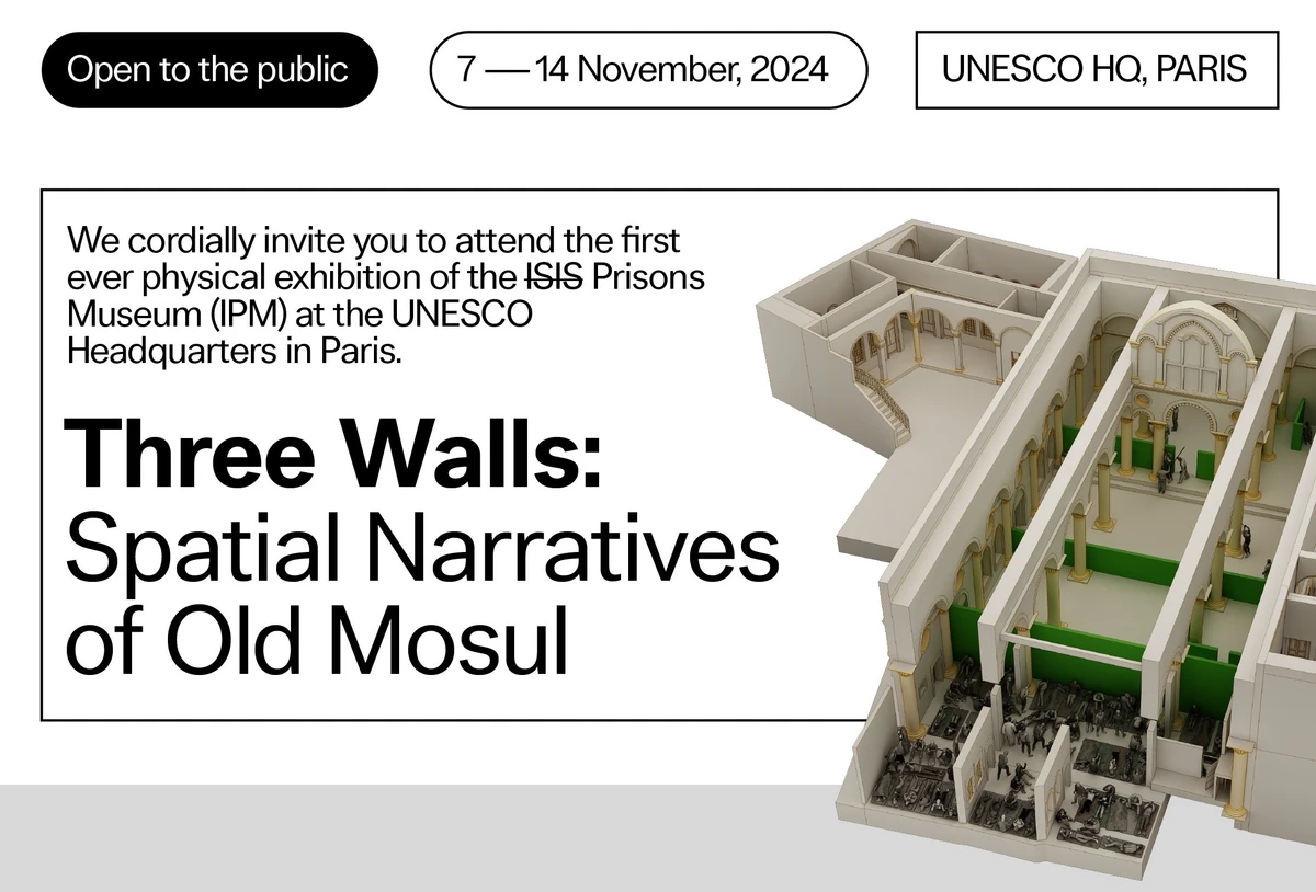 Ten years after the proclamation of the so-called caliphate by the Islamic State in Iraq and Syria, the Daesh Prisons Museum (IPM) unveils its first-ever physical exhibition, “Three Walls: Spatial Narratives of Old Mosul.”(X/@prisonsmuseum)