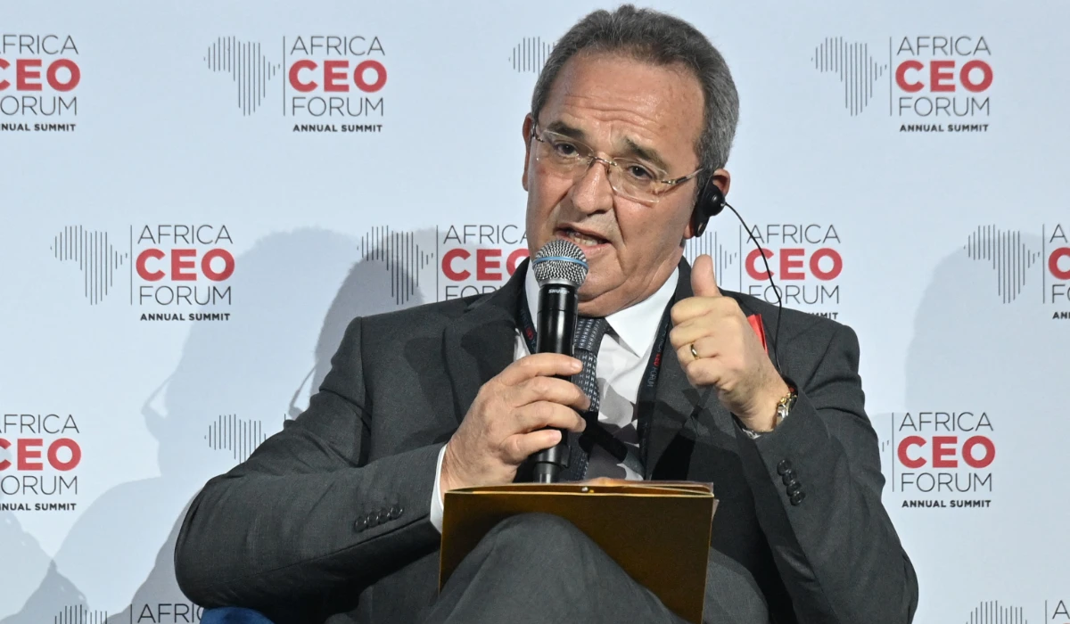 Founder and CEO of Tunisian CHO Group, Abdelaziz Makhloufi, gestures during a session of the Africa CEO Forum in Abidjan on June 14, 2022. (AFP)