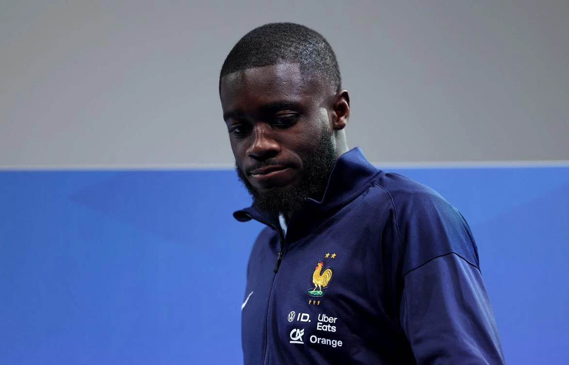 Fance’s defender Dayot Upamecano arrives for a press conference in Clairefontaine-en-Yvelines on Nov. 12, 2024 as part of the team’s preparation for the upcoming UEFA Nations League qualifying matches against Israel and Italy. (AFP)