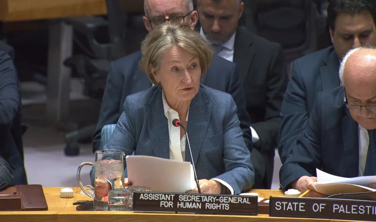 Ilze Brands Kehris, UN assistant secretary-general for human rights, speaks during a meeting of the Security Council to discuss the growing risk of famine in Gaza. (X/@UN_News_Centre)