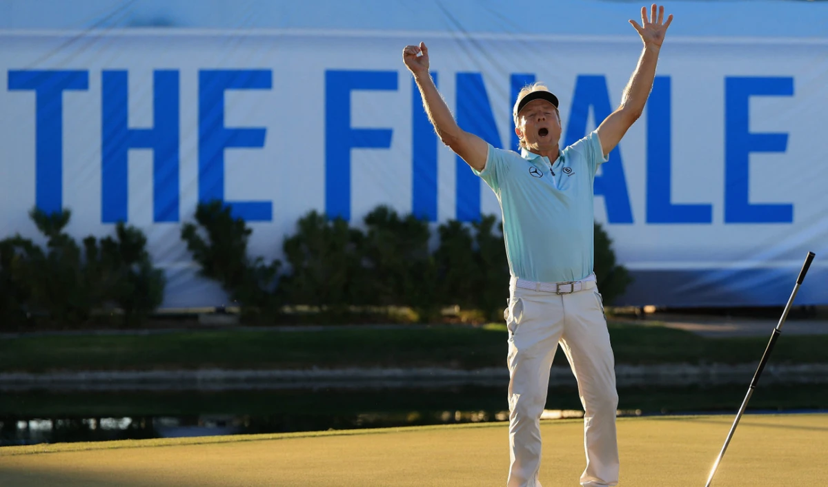 Bernhard Langer of Germany celebrates after winning the 2024 Charles Schwab Cup Championship following the final round at Phoenix Country Club on Nov. 10, 2024. (AFP)