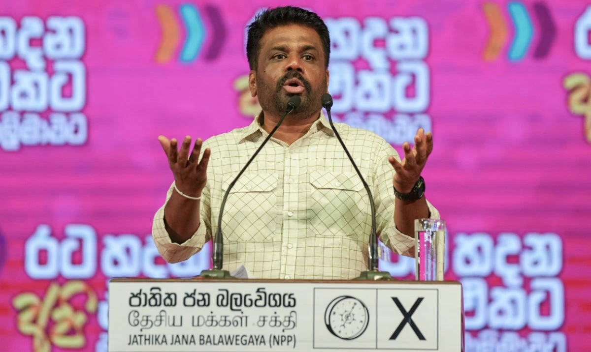 Sri Lankan President Anura Kumara Dissanayake speaks during a public rally ahead of Thursday's parliamentary election in Gampaha, Sri Lanka, Monday, Nov. 11, 2024. (AP)