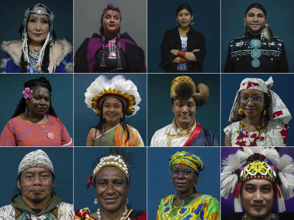 Members of various Indigenous communities pose for a photo while attending the COP29 UN Climate Summit in Baku, Azerbaijan. (AP)