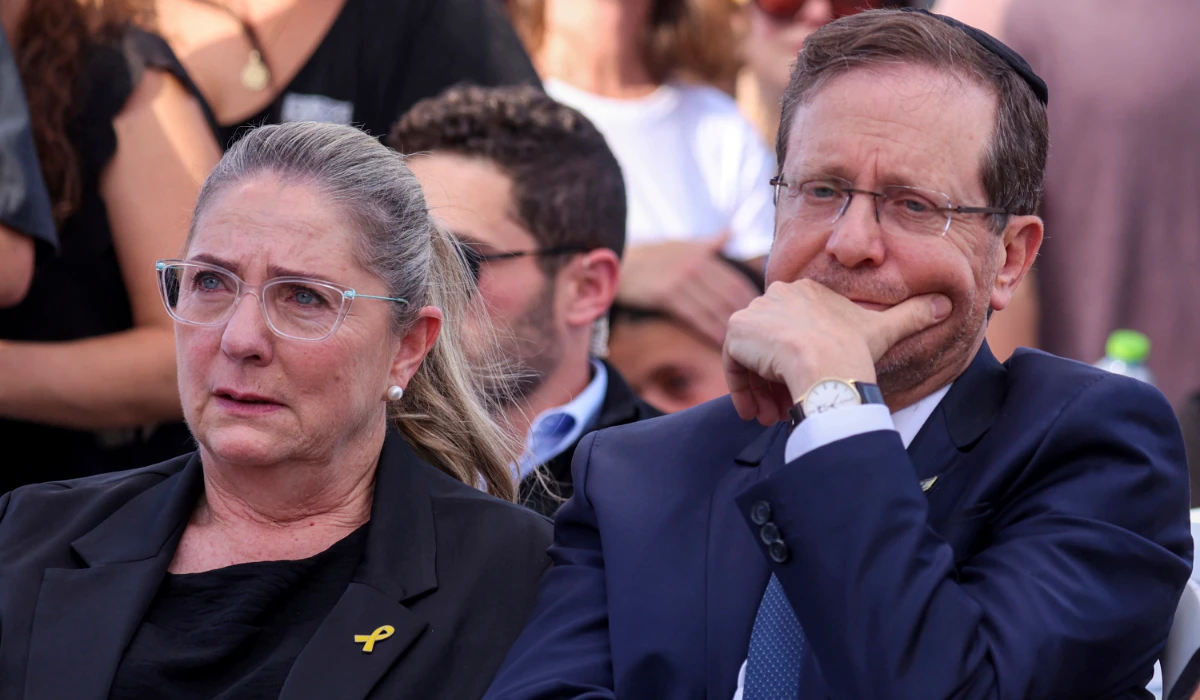 Israel's President Isaac Herzog and his wife Michal attend the funeral of Israeli-American hostage Hersh Goldberg-Polin, who was killed in Hamas captivity in the Gaza Strip, in Jerusalem, Monday, Sept. 2, 2024. (AP)