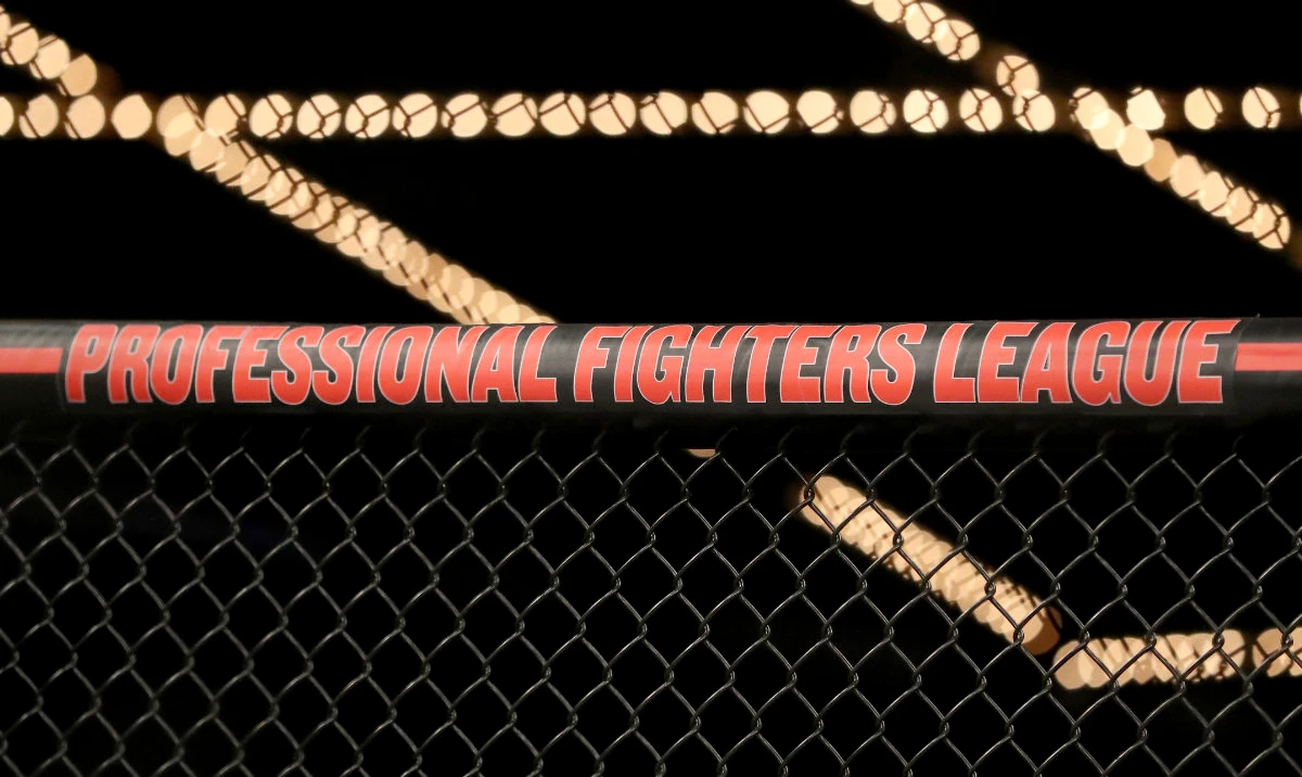The Professional Fighters League logo is seen on the cage before a mixed martial arts bout at PFL 1, at Madison Square Garden in New York. (AP/File)