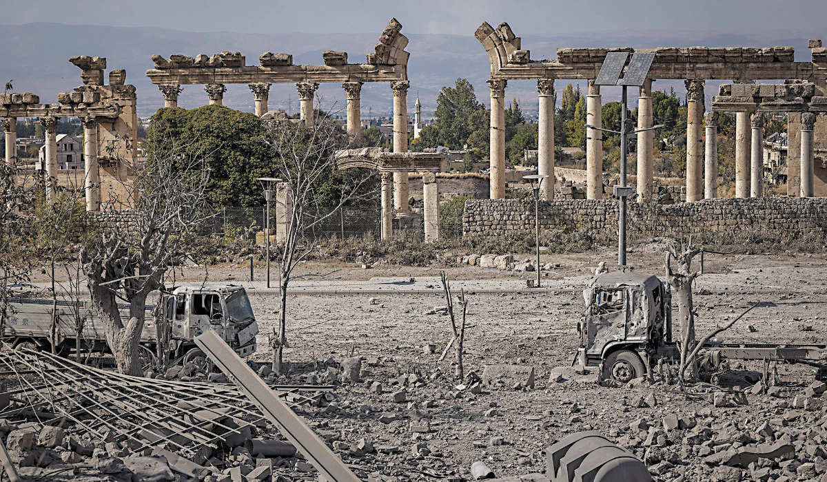 Destruction is seen in front of the UNESCO World Heritage site in Baalbek. Israeli military has repeatedly targeted the Lebanese city and the surrounding Bekaa Valley. (Getty Images)