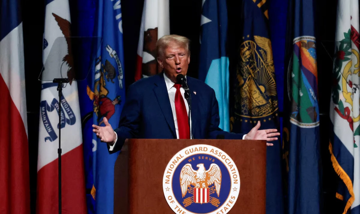 Former US President Donald Trump speaks at the National Guard of the United States NGAUS General Conference in Detroit, Michigan US, August 26, 2024. (Reuters)