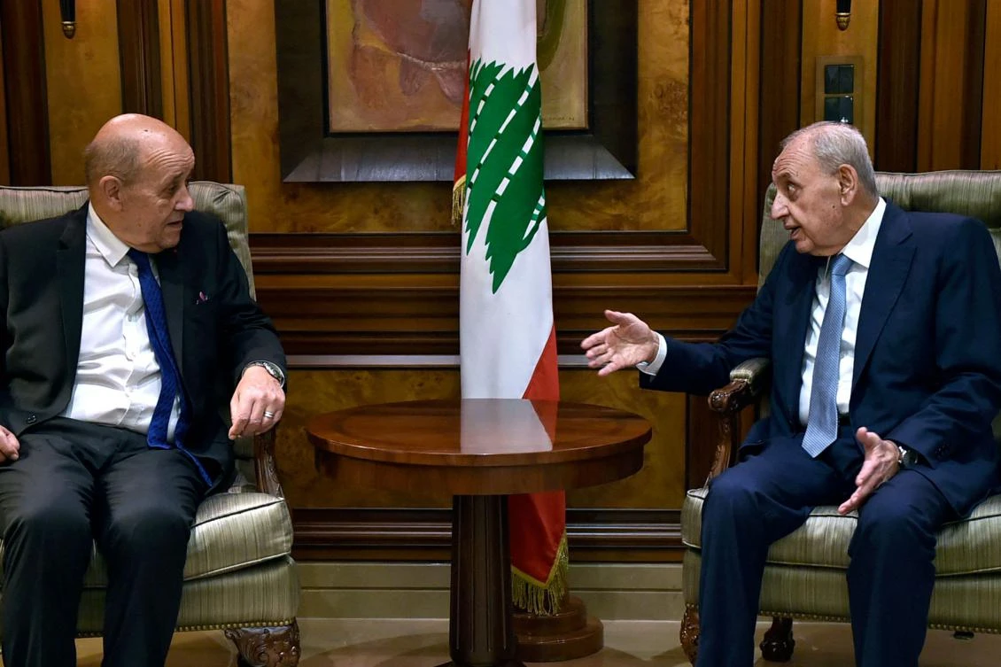 France’s envoy to Lebanon Jean-Yves Le Drian, left, meets with Lebanese Parliament Speaker Nabih Berri at the Lebanese parliament in Beirut on Nov. 28, 2024. (AFP)