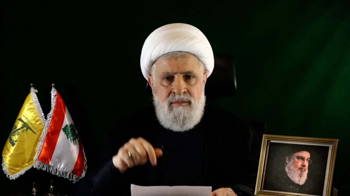 An image grab from Al-Manar TV shows Hezbollah chief Naim Qassem speaking from an undisclosed location on Oct. 15, 2024. (AFP)