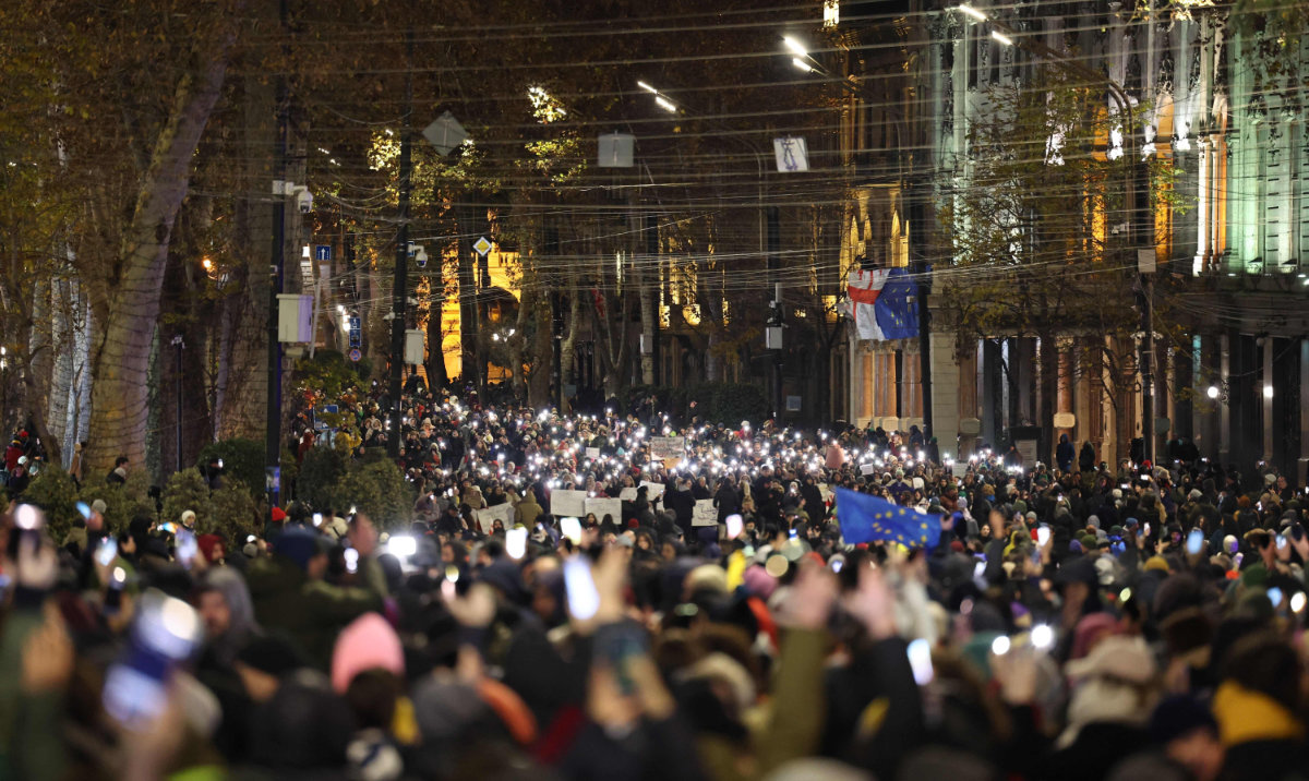 Demonstrators protest against the Georgian govt's postponement of EU accession talks until 2028, in central Tbilisi. (AFP)