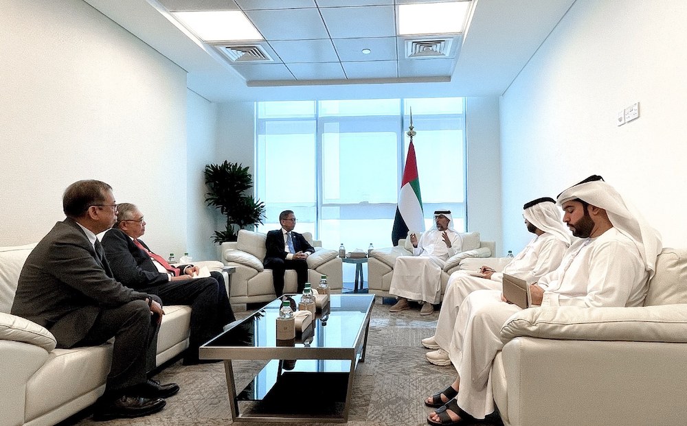 Philippine Energy Secretary Raphael Lotilla and UAE Minister of Energy and Infrastructure Suhail Mohamed Al-Mazrouei talks during a meeting in Abu Dhabi on Oct. 16, 2024. (Department of Energy)
